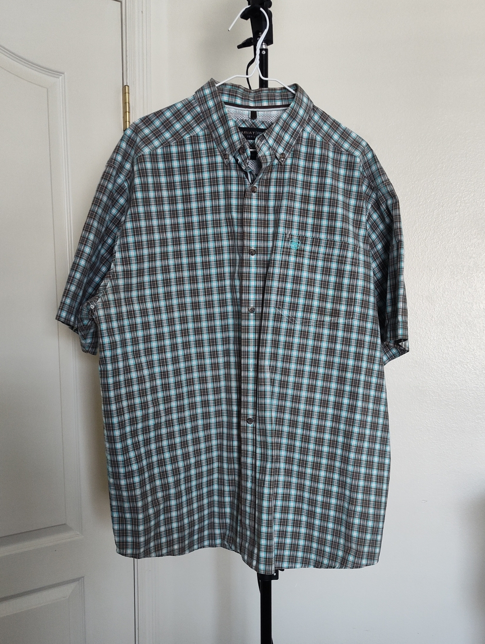 Ariat Short-Sleeve Plaid Button-Down Shirt in Aqua & Brown